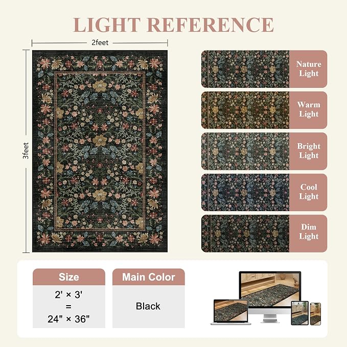 DUKINO 2x3 Entryway Rug, Washable Vintage Floral Area Rug, Black | Non Slip, Low Pile, Non-Shedding, Soft Indoor Door Mat, Small Front Door Throw Carpet for Bathroom Kitchen Entrance Bedroom