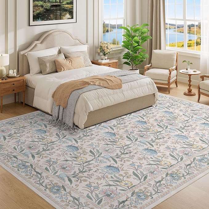 DUKINO 9x12 Area Rug for Living Room Vintage Floral Washable Rug Cream Blue | Non Slip, Low Pile, Non-Shedding, Stain Resistant, Aesthetic Soft Indoor Large Carpet for Bedroom Dining Room Farmhouse
