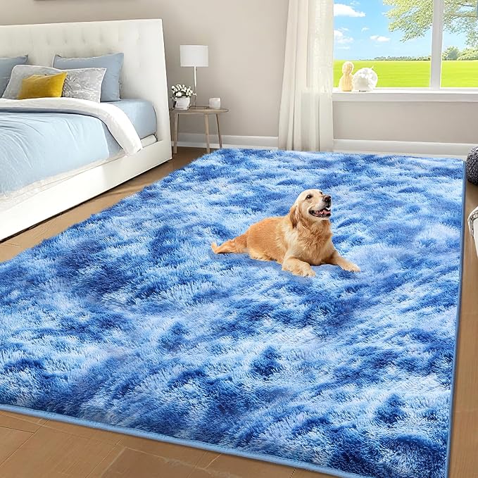 Tie-Dyed Blue Fluffy Shag Area Rug for Bedroom Living Room, 4x6 | Ultra Soft Comfy, Fuzzy Shaggy Plush Carpet for Nursery Boys Kids Girls Dorm, Modern Indoor Home Decor, Upgrade Non-Slip