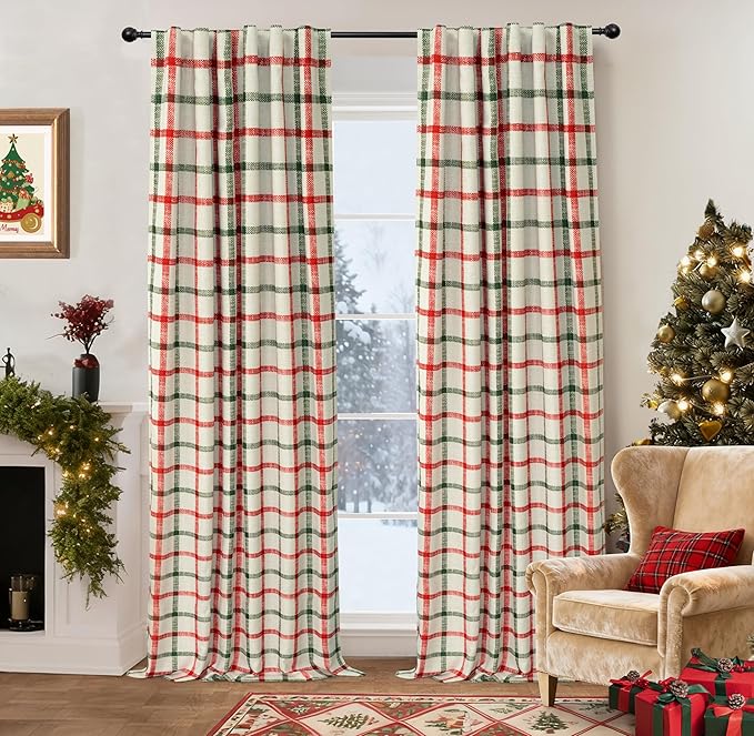 DriftAway 100% Blackout Plaid Curtains 96 Inches Long 2 Panels Red Green | 100% Blackout, Linen Texture, Plaid Pattern, Two Layers, Rod Pocket & Back Tab, Bedroom Living Room Use, Luxury Appearance