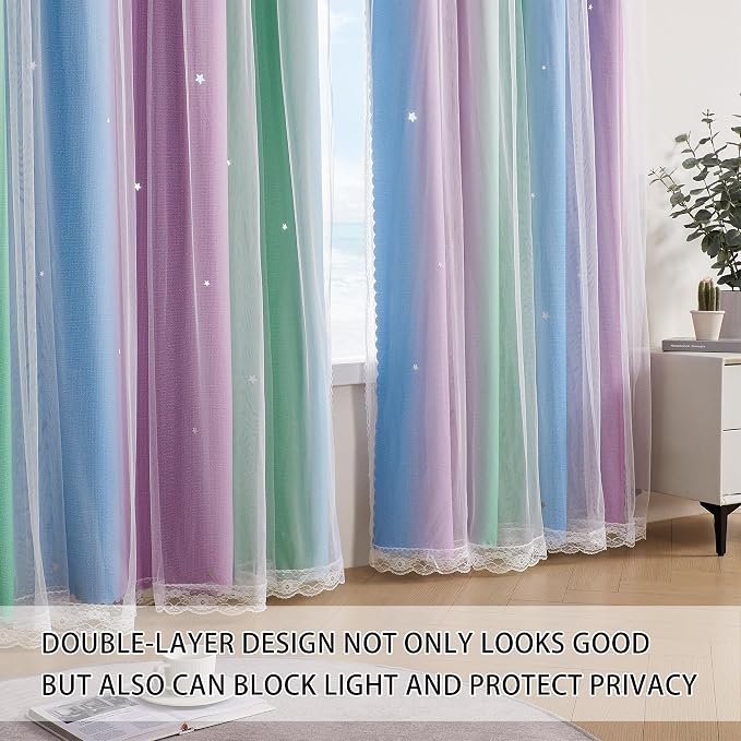 XiDi Green Purple Blue 90 Inches Curtains for Girls Bedroom 2 Panels Set, Blackout Rainbow Curtains for Kids Room Decor, Unicorn Wall Decals Drapes for Little Girl Nursery Room 34 Inches Wide