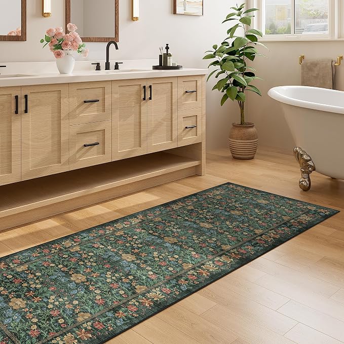 DUKINO 2x10 Runner Rug, Washable Vintage Floral Kitchen Rug, Green | Non Slip, Low Pile, Non-Shedding, Stain Resistant Soft Long Runner Carpet for Hallway, Bathroom, Bedroom, Entryway, Farmhouse