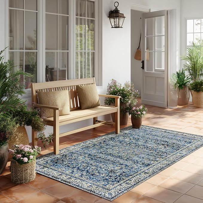 3x5 Front Door Rug Indoor Entrance Blue Bathroom Rugs Non Slip Washable Soft Vintage Boho Distressed Low Pile Carpet with Rubber Backing Dark Blue Rugs for Kitchen Floor Laundry Room 3 x 5