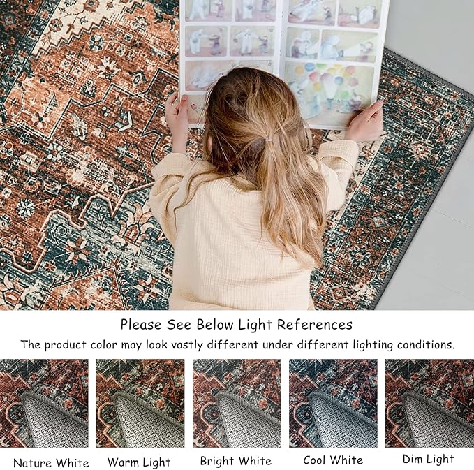 Moynesa Ultra-Thin Washable Runner Rug - 2x6 Non-Slip Non-Shedding Hallway Runner, Stain Resistant Kitchen Mat Laundry Entryway Carpet for Doorway Bedside, Brick Red/Dull Teal