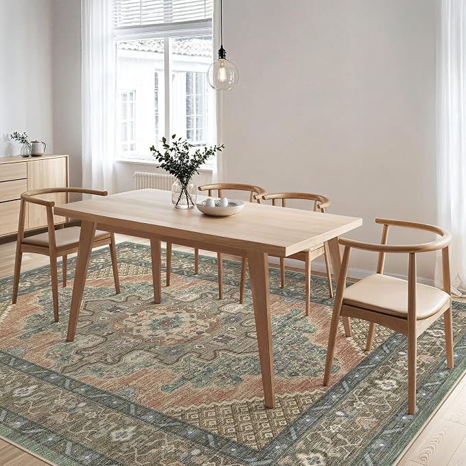 Tortania Area Rug Living Room Rugs - 10x14 Washable Boho Rug Vintage Oriental Distressed Farmhouse Large Thin Indoor Carpet for Living Room Bedroom Under Dining Table Home Office - Sage Terracotta