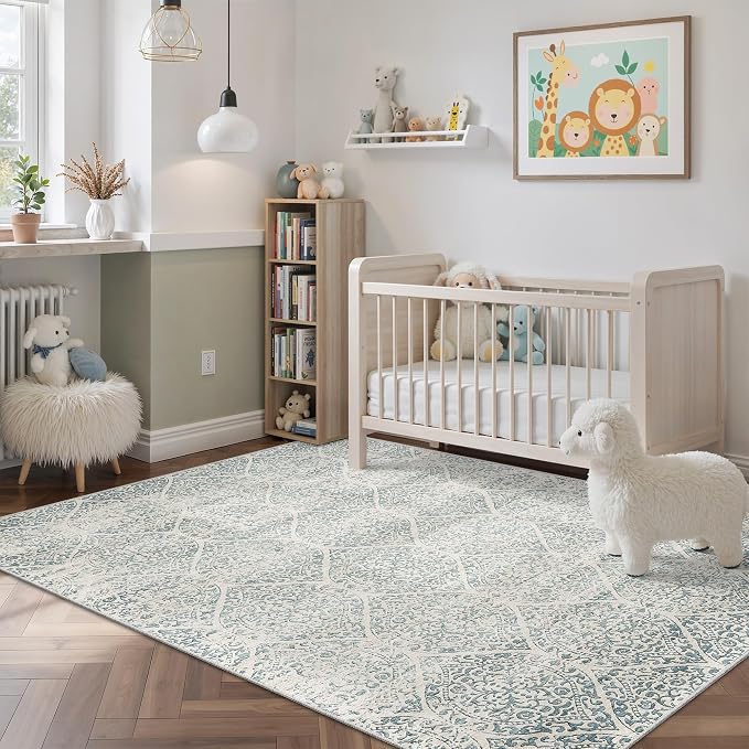Soalmost Washable Area Rugs 4x6 for Living Room, Moroccan Trellis Soft Rug | Stain Resistant Low Pile Thin Carpet for Dining Room Bedroom Kitchen Home Office Nursery Teal Blue, 4'x6'