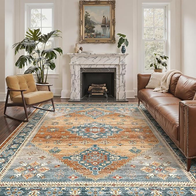 Roxstand 6x9 Washable Area Rug, Non Slip Living Room Rug Navy/Orange | Low Pile Vintage Rug, Stain Resistant, Non-Shedding Design, Pet & Kid Friendly, Carpet for Bedroom, Dining Room Office