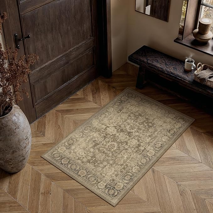 PureCozy 2x3 Brown Entryway Area Rug Vintage Washable Non Slip Indoor Door Mat Kitchen Distressed Carpet Bathroom Office Low Pile Soft Retro Accent Throw Rug for Dining Room Laundry