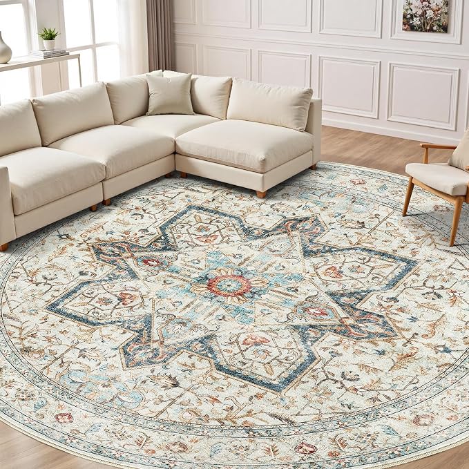Tortania 5' Round Area Rug Living Room Rugs - Washable Boho Rug Vintage Oriental Distressed Farmhouse Large Thin Indoor Carpet for Bedroom Under Dining Table Home Office - Aqua Multi