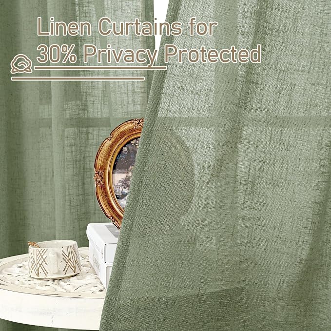 LAMIT Extra Wide Linen Curtains for Bedroom, Light Filtering Faux Linen Textured Panels Semi Sheer Back Tab and Rod Pocket Boho Drapes for Living Room/Farmhouse, 2 Panels, Sage Green, 60 x 63 Inch