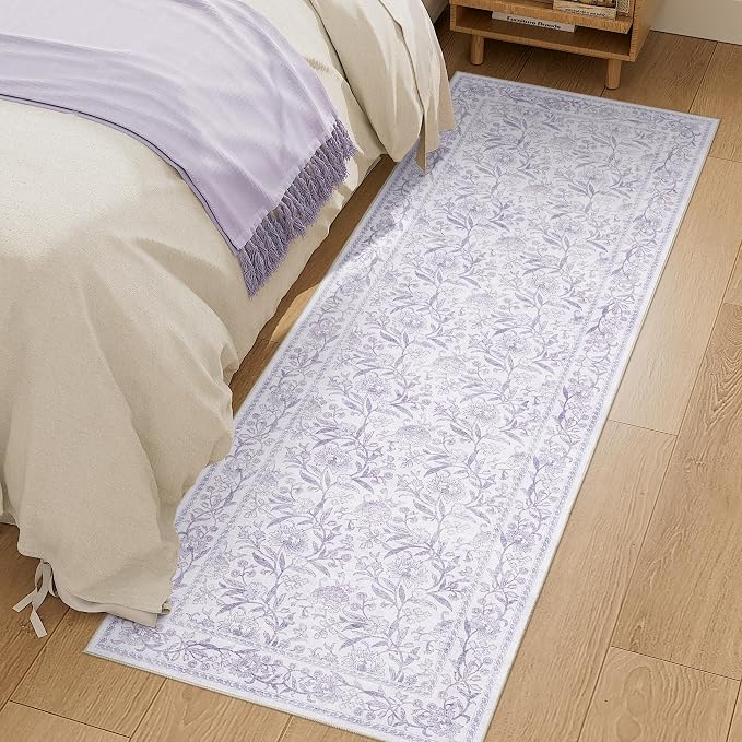 DUKINO 2x6 Runner Rug, Washable Vintage Floral Kitchen Rug, Purple | Non Slip, Low Pile, Non-Shedding, Stain Resistant Soft Carpet Runner for Hallway Bathroom Entryway Bedroom Laundry Farmhouse