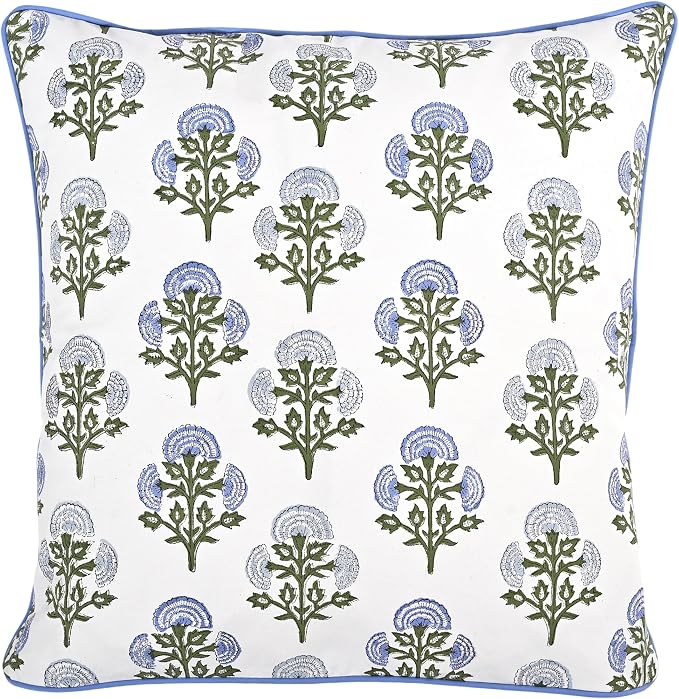 Ridhi Block Print Mughal Buta Blue Pillow Cover 18" x 18" (Pack of 2) Decorative Couch Pillows for Living Room, Farmhouse Chic Boho Cute Outdoor Pillows Covers Gifts for Spring, Mother's Day