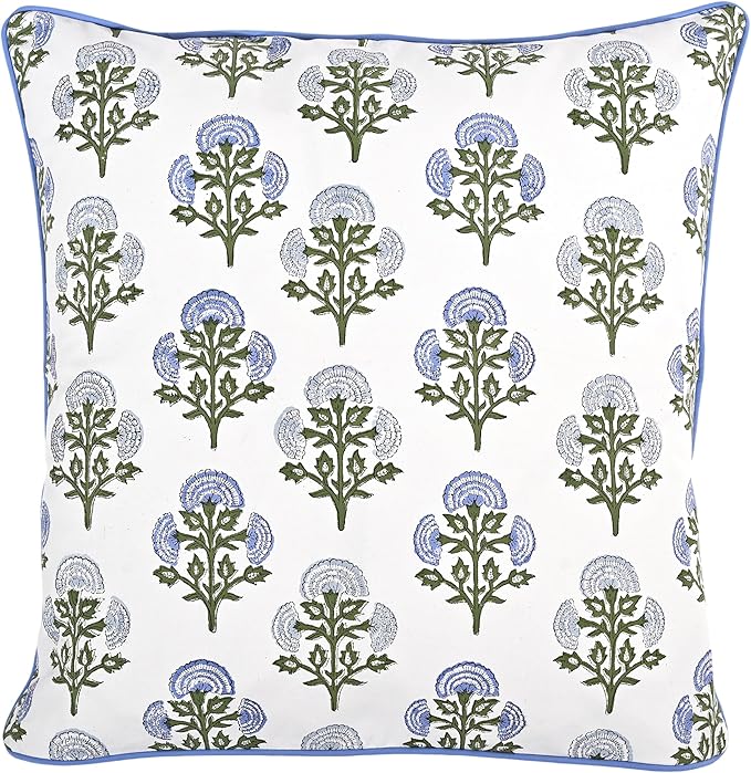 Ridhi Block Print Mughal Buta Blue Pillow Cover 24" x 24" (Pack of 2) Decorative Couch Pillows for Living Room, Farmhouse Chic Boho Cute Outdoor Pillows Covers Gifts for Spring, Mother's Day