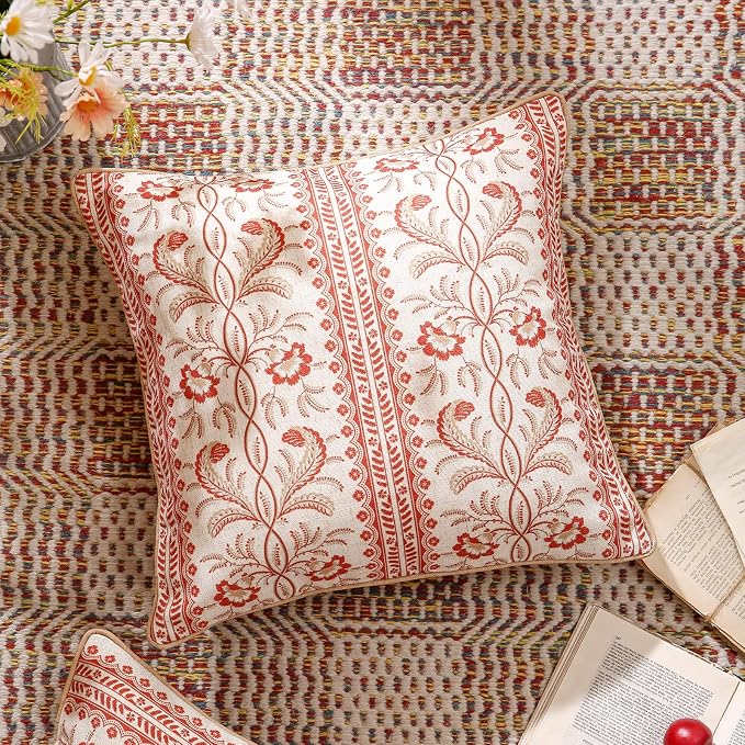 ISAENNE Designer Linen Throw Pillow Cover,Set of 2,18"x18"-Chamonix A | Vintage Elegant Square Pillow Cover,Concealed Zipper Design,Floral Pattern,Sofas,Bedroom,Living Room,Lounge Chairs