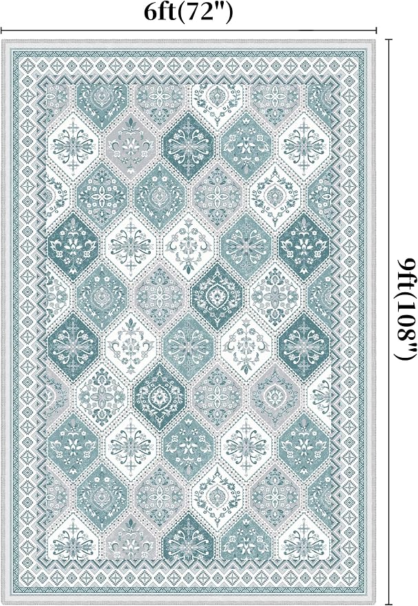 6x9 Area Rugs for Living Room, Soft Non-Slip Vintage Boho Moroccan, Low-Pile Printed Washable Teal Rug for Living Room, Bedroom, Dining Room, Playroom-Teal | TTelephant Low-Pile Printed Washable Teal Rug for Living Room, Bedroom, Dining Room, Playroom