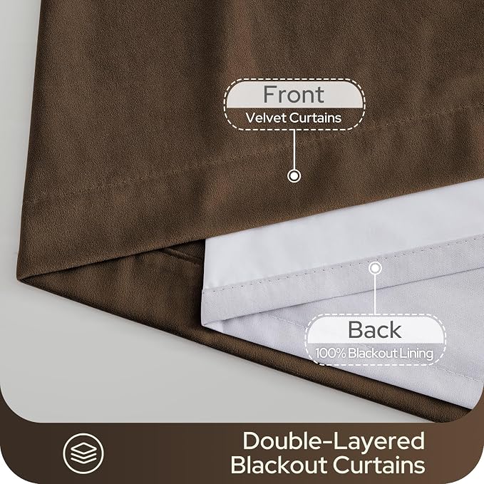 HOMEIDEAS 100% Blackout Brown Velvet Curtains, Thermal Noise Reduction Soft Luxury Vintage Christmas Velvet Curtains for Bedroom Decor, Living Room, Home, 52 X 84 Inch, 2 Panels