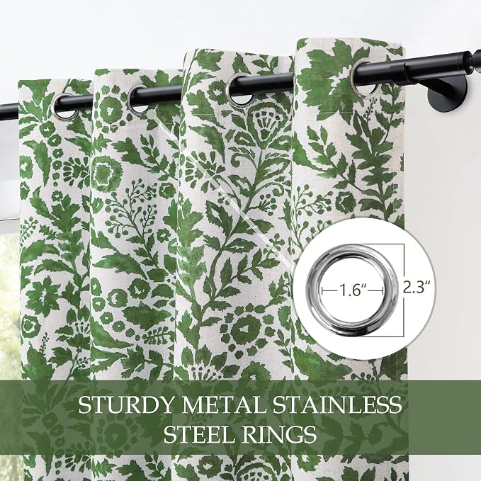 DriftAway Julia 100% Blackout Curtains Grommet 2 Panels, W52xL96, Green | Floral Curtains, Bedroom, Living Room, Linen Blend, Watercolor Pattern, 2 Layers, Thermal Insulated, Window Treatment