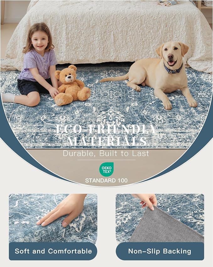 Madane 5x7 Area Rugs for Living Room, Washable Vintage Rug with Non-Slip Backing, Soft Floral Print Throw Rugs Floor Low Pile Carpet for Bedroom Dining Room Farmhouse (5 x 7, Blue)