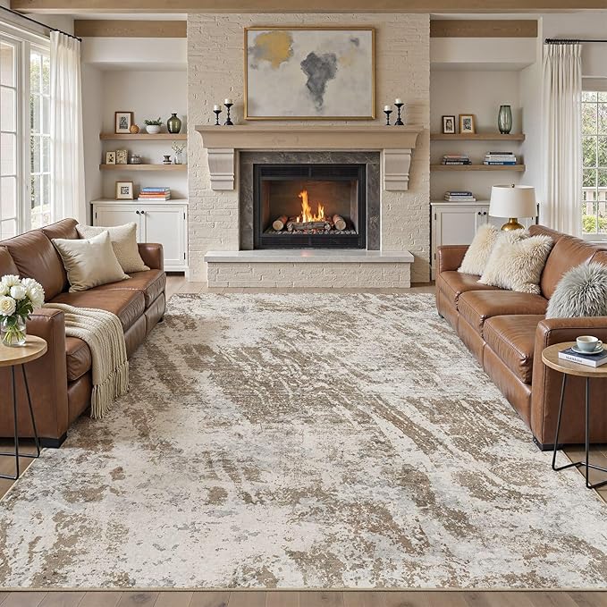 DMOYEST 8x11 Washable Area Rug: Abstract Modern Non-Slip Carpet, Soft Low Pile Indoor Neutral Easy Clean Floor Rugs for Living Room Bedroom Dining Room Kids & Pets - Brown