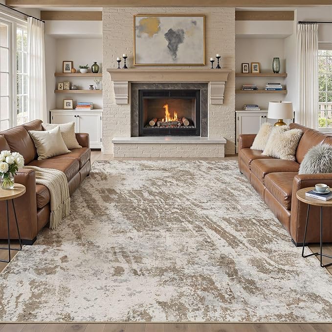 DMOYEST 8x10 Washable Area Rug: Abstract Modern Non-Slip Carpet, Soft Low Pile Indoor Neutral Easy Clean Floor Rugs for Living Room Bedroom Dining Room Kids & Pets - Brown