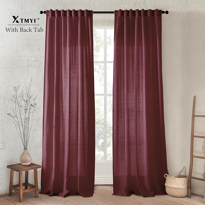 XTMYI Maroon Wine Red Curtains 96 Inches Long for Living Room 2 Panels Set, Linen Hooks Track Country Farmhouse Curtains for Dining Room Bedroom