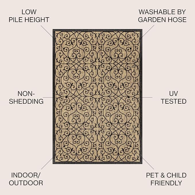 JONATHAN Y Vintage Filigree Indoor Outdoor Round Area Rug 3 Ft Black/Khaki, Madrid Textured Weave for Backyard, Patio, Porch, Easy-Cleaning, High Traffic, Pet-Friendly, Non-Shedding (SMB107A-3R)