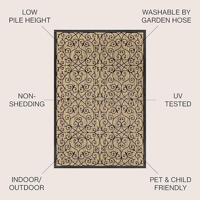 JONATHAN Y Vintage Filigree Indoor Outdoor Round Area Rug 6 Ft Black/Khaki, Madrid Textured Weave for Backyard, Patio, Porch, Easy-Cleaning, High Traffic, Pet-Friendly, Non-Shedding (SMB107A-6R)