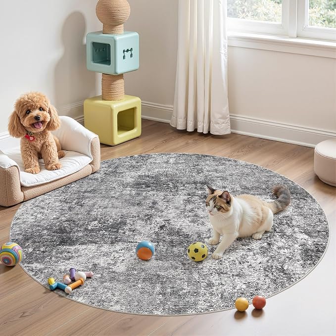 DMOYEST 5ft Round Area Rug Living Room Rugs - 5x5 Washable Large Soft Indoor Neutral Modern Abstract Low Pile Rug Carpet for Bedroom Dining Room Farmhouse Home Office - Grey