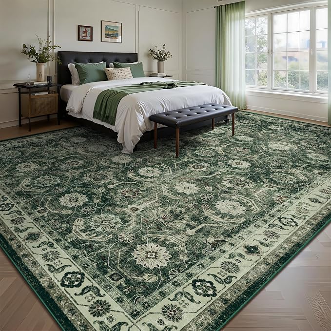 Large Area Rug 10x14, Soft Non Slip Low Pile Washable Rug, Boho Modern Area Rug for Living Room, Bedroom, Dining Room, Sage Green