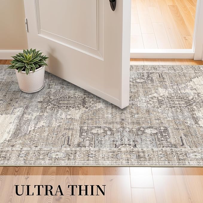 3x7 Runner Rug for Hallway Kitchen - Washable Ultra-Thin Soft Carpet for Entryway,Laundry Room,Bedroom - Vintage Non Slip Stain Resistant - Low Pile Oriental Home Decor 3x7 Beige