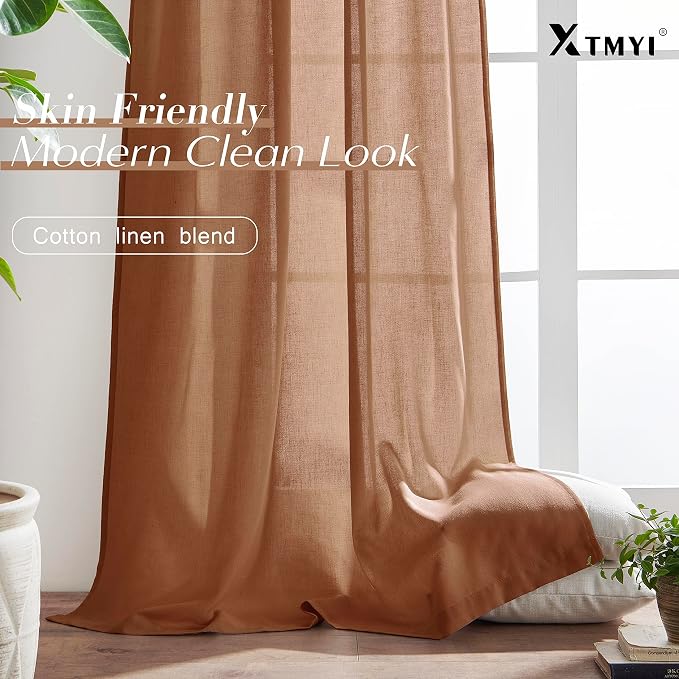 XTMYI Terracotta 90 Inch Length 2 Panels Back Tab/Hook Belt Linen Cotton Sheer Curtains for Bedroom Set