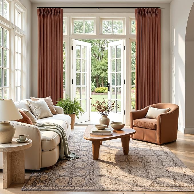 Terracotta Burnt Orange Thick Linen Curtains Pinch Pleated 120 Inch Length 2 Panels for Living Room Bedroom Semi Sheer Light Filtering Heavy Linen Drapes