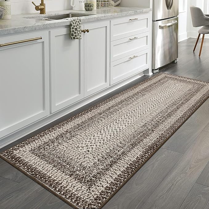 RUGSREAL Runner Rug for Hallway Kitchen Runner Rug 2x10, Machine Washable Long Runner Throw Carpet with Rubber Backing, Stain Resistant Braided Printed Entryway Carpet for Bedroom Living Room, Mocha