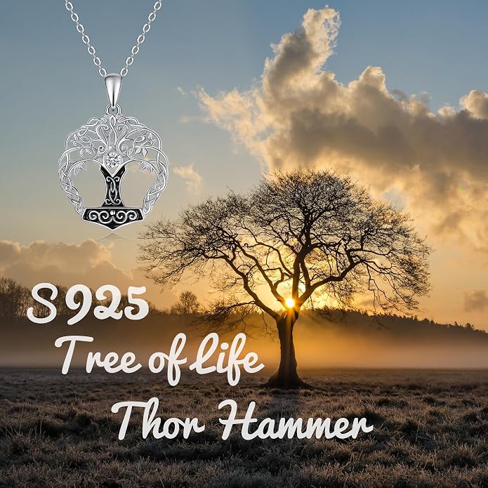 Tree of Life Thor Hammer Pendant Necklace for Women Sterling Silver S925 Jewelry for Women US1