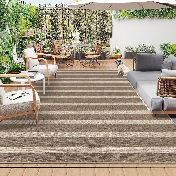 Lahome Striped Easy Jute Living Room Rug, 8x10 Outdoor Patio Rugs Washable | Patio Area Rug, Modern Farmhouse Large Non Slip Lightweight Carpet for Bedroom Backyard Office Dining Room Mudroom, Khaki