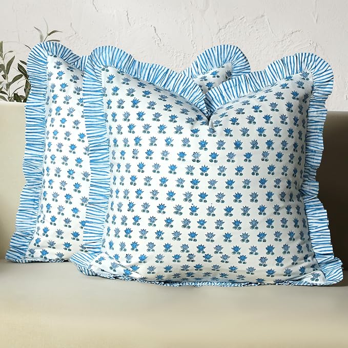 CPC Arctic Blue Hand Block Print 100% Cotton Ruffle Throw Pillow Cover 24x24 inch with Hidden Zipper Decorative for Couch, Bed, Sofa, Farmhouse, Cottagecore Decor Gift Christmas Fall Thanksgiving