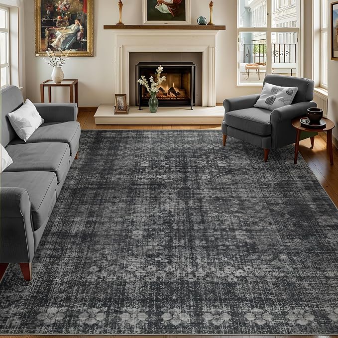 8x10 Vintage Washable Area Rug, Dark Black | Living Room,Low Pile,Non Slip,Non-Shedding Large,Soft Indoor Stain Resistant Rug Floral Print Mat for Bedroom Dining Room