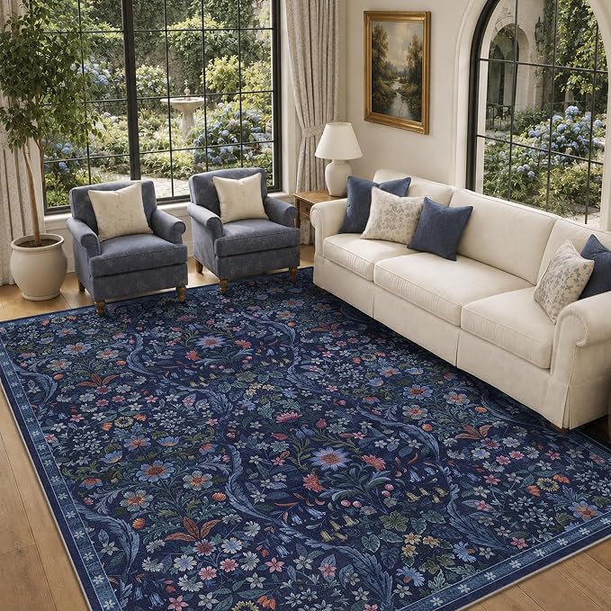 8x10 Washable Area Rug for Living Room, Large Blue Beige Floral Rugs, Soft Non-Slip Stain Resistant Boho Lightweight Carpet for Bedroom Dining Room Nursery Home Office