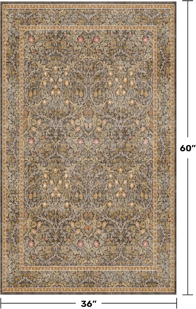 Vintage Floral Brown 3x5 Area Rugs for Entryway, Kitchen, Bathroom, Bedroom Beside Rug, Laundry Room, Non-Slip Low Pile Ultra Soft Stain Resistant Small Gold and Taupe Carpet