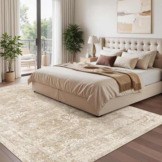 Madane Washable 7x9 Area Rugs for Living Room, Vintage Natural Rug with Non-Slip Backing, Soft Stain Resistant Throw Rugs Thin Carpet for Bedroom Dining Room Farmhouse (7 x 9, Beige/Brown)