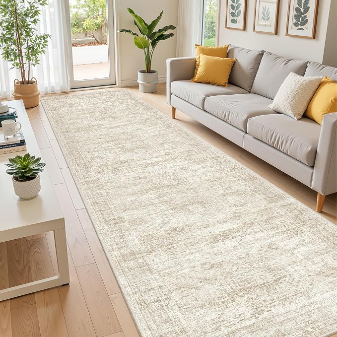 2'6 x 10' Runner Rug Non Slip,Washable Kitchen Rugs,Beige | 10 ft Runner Rug for Hallway,Entryway,Bedroom,Bathroom,Living Room,Thin,Soft, Long Rug,Stain Resistant Indoor Carpet