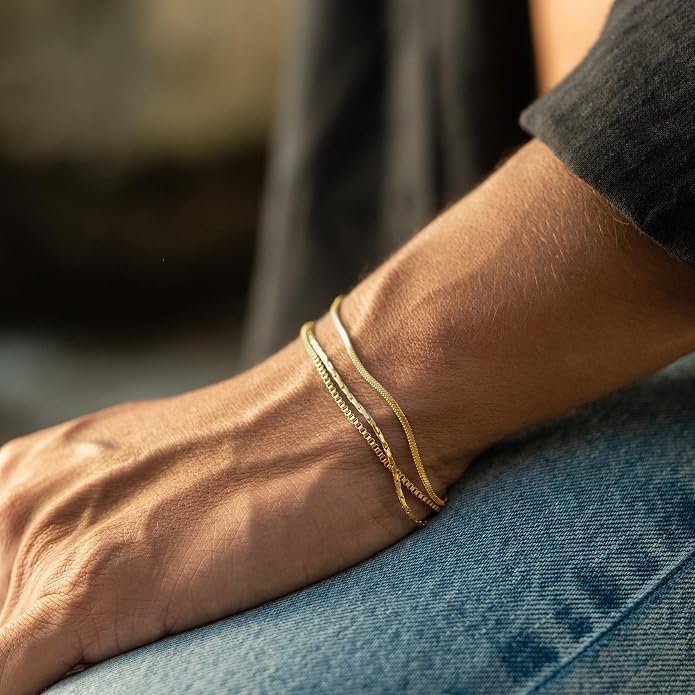 Gold Bracelets for Men Trendy - Dainty Gold Plated Stainless Steel Snake Link Bracelet Stack Rope Figaro Herringbone Chain Bracelets Set Adjustable Cuban Link Bracelet for Men Birthday Gifts for Man