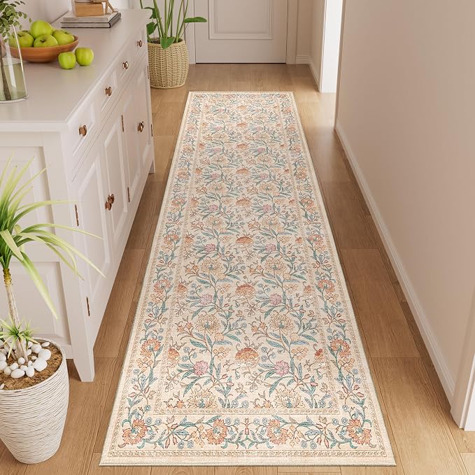 DUKINO 2x6 Runner Rug, Washable Vintage Floral Kitchen Rug, Beige | Non Slip, Low Pile, Non-Shedding, Stain Resistant Soft Carpet Runner for Hallway Bathroom Entryway Bedroom Laundry Farmhouse