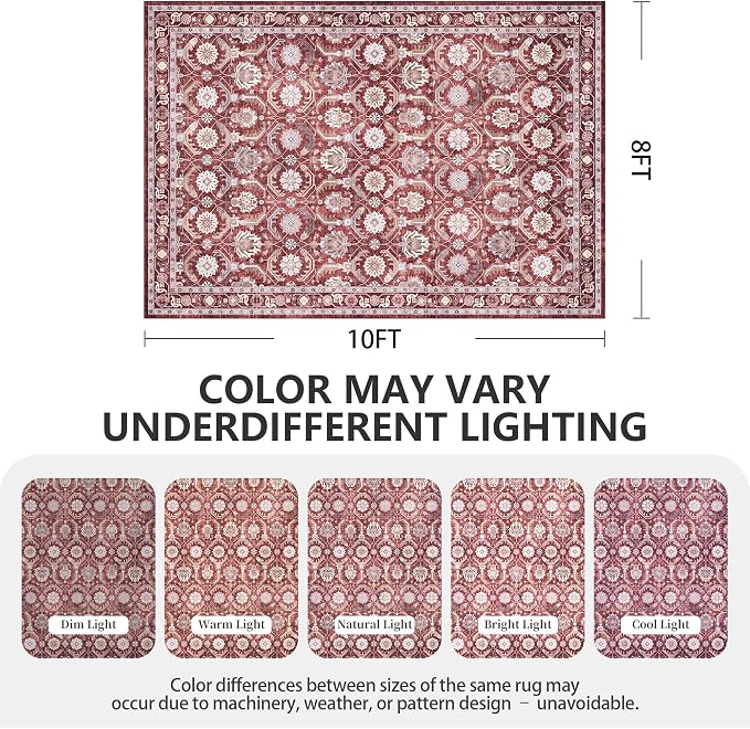 8x10 Area Rugs, Soft Non Slip Low Pile Washable Rug, Boho Modern Rug for Living Room, Bedroom, Dining Room, Red