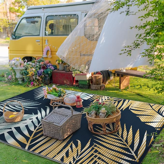 GENIMO Outdoor Rug, Waterproof Plastic Rugs for Patio, 6'x9' Yellow Navy | Outside Larger Leaf Carpet Mat for Porch Decor, Deck, Balcony, Camping, RV, Backyard, Picnic, Beach, Reversible, Foldable