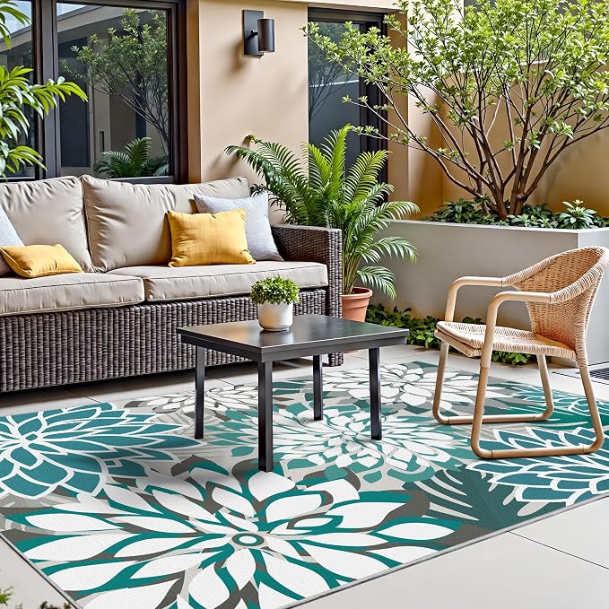 Colorful 6x9 Outdoor Area Rug Washable Multicolored Patio Rug Tropical Botanical Floral Chenille Waterproof Outdoor Carpet Non-Slip for Patio, Deck, Backyard, Porch, Teal