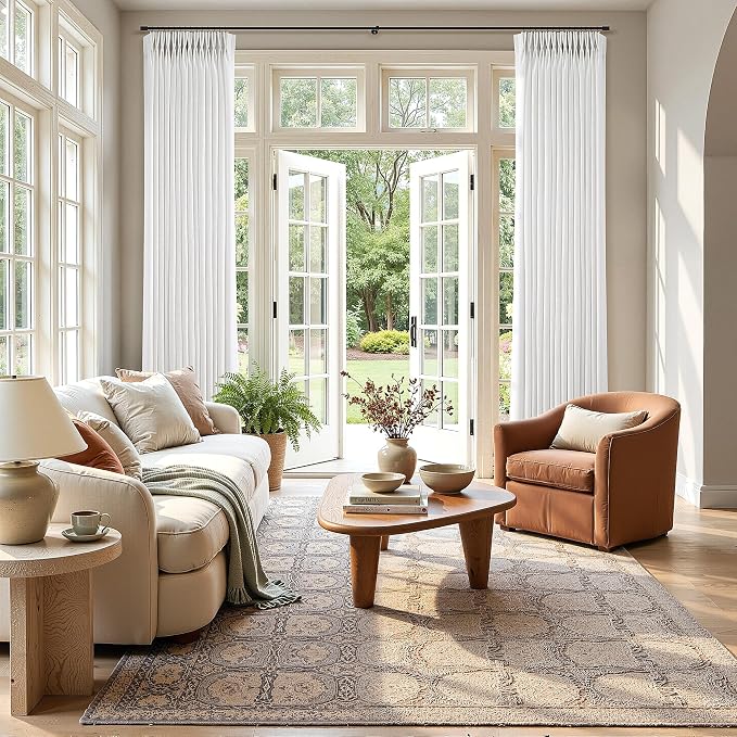 Pinch Pleated Linen Curtains 90 Inches Long for Living Dining Room Bedroom 2 Panel Set Beige White Cream Pinch Pleat Curtain 90 Inch Neutral Boho Floor to Ceiling Curtains Semi Sheer Linen Drapes