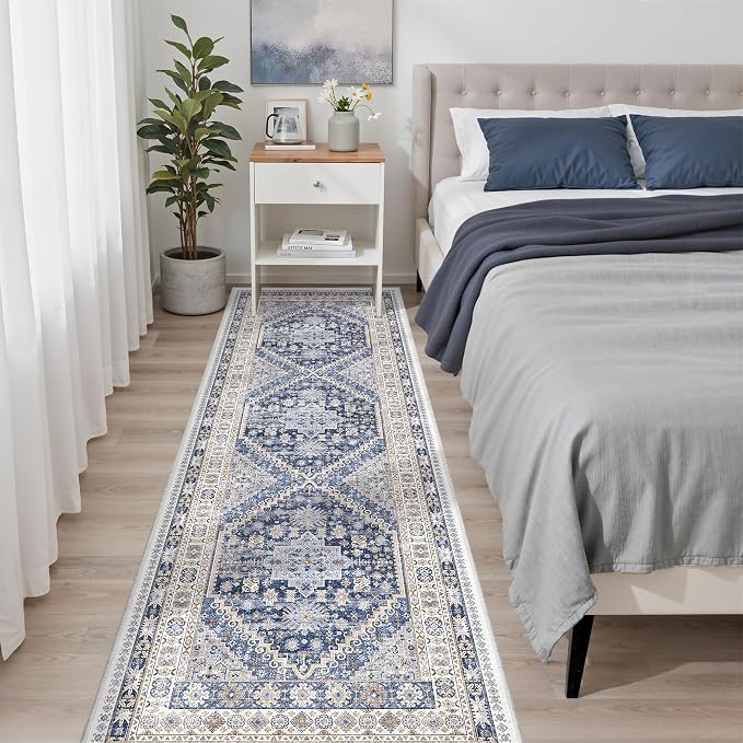 zesthome Washable Runner Rug 2.5x8 - Stain Resistant Entryway Rug,Ultra-Thin Kitchen Rugs, Anti Slip Backing Runner Rugs for Entrance Laundry Room Indoor Hallway (Blue/Beige,2.5'x8')