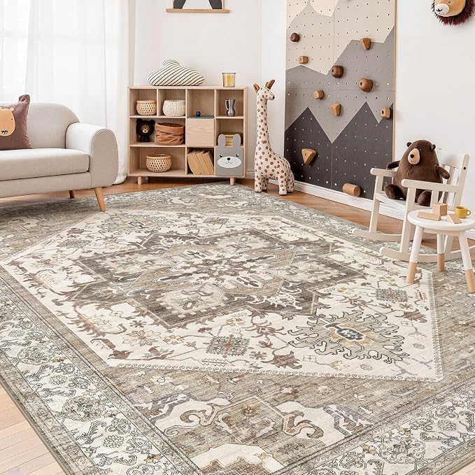 10x14 Area Rug for Living Room- Machine Washable Soft Oriental Vintage Large Indoor Floor Carpet for Bedroom Under Dining Table Home Office Decor - Beige Brown