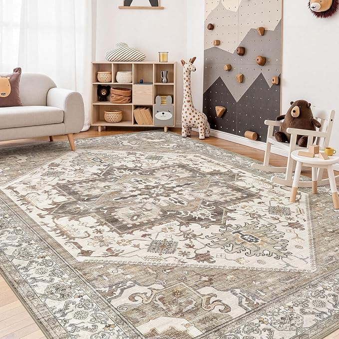 8x10 Area Rug for Living Room- Machine Washable Soft Oriental Vintage Large Indoor Floor Carpet for Bedroom Under Dining Table Home Office Decor - Beige Brown